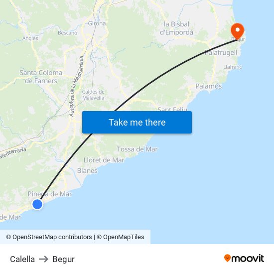 Calella to Begur map