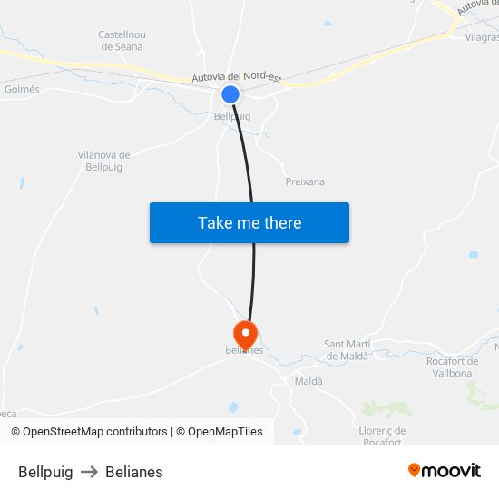 Bellpuig to Belianes map