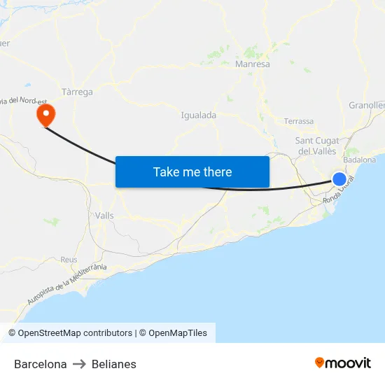 Barcelona to Belianes map