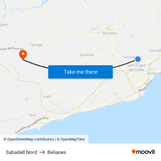 Sabadell Nord to Belianes map