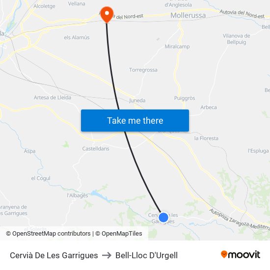 Cervià De Les Garrigues to Bell-Lloc D'Urgell map