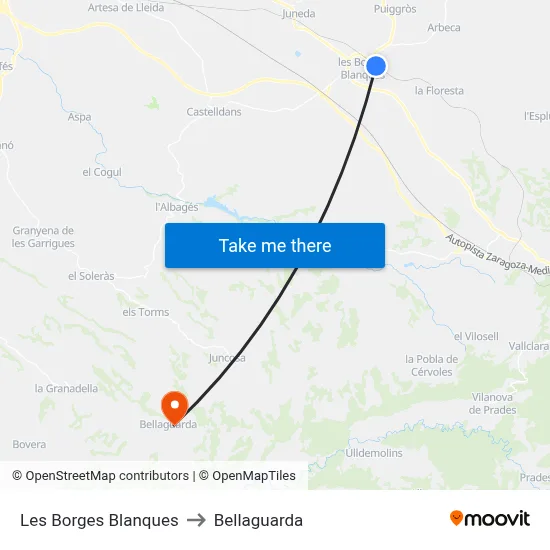 Les Borges Blanques to Bellaguarda map