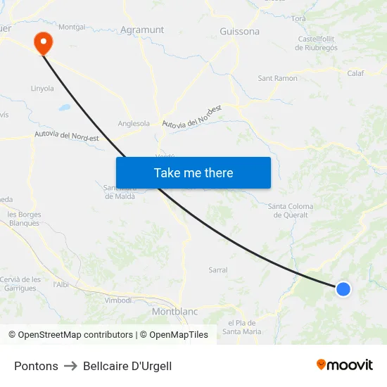 Pontons to Bellcaire D'Urgell map