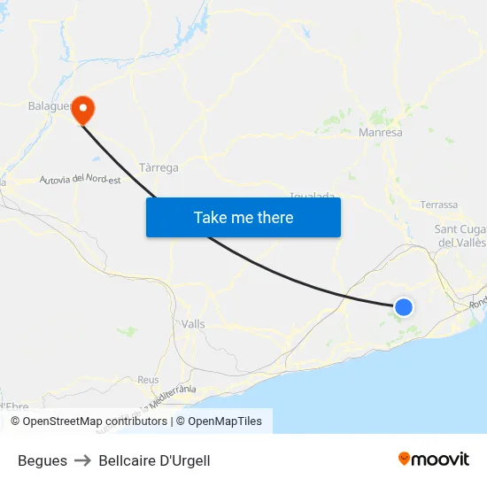 Begues to Bellcaire D'Urgell map