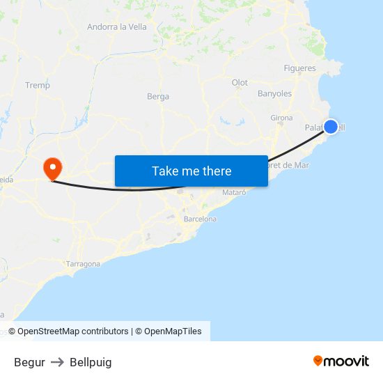 Begur to Bellpuig map
