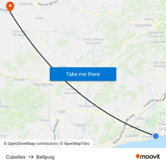 Cubelles to Bellpuig map