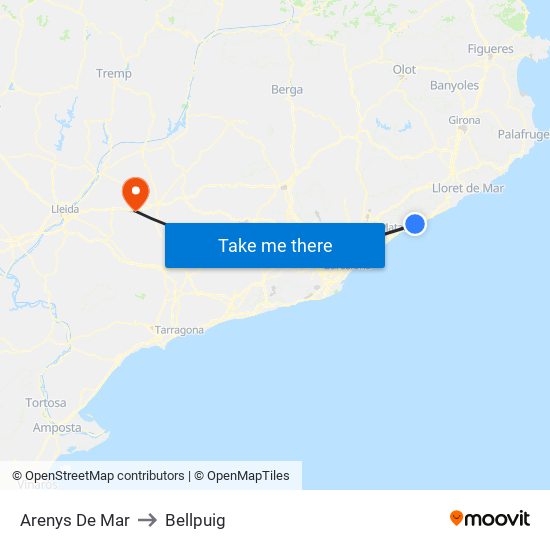 Arenys De Mar to Bellpuig map