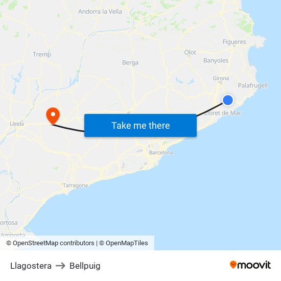 Llagostera to Bellpuig map