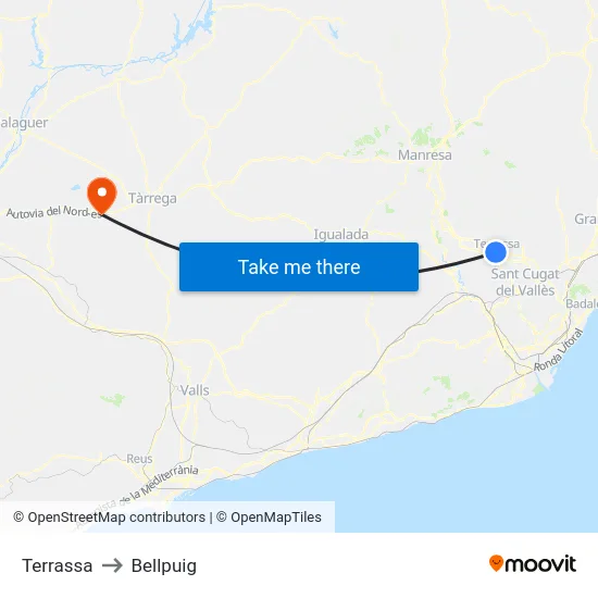 Terrassa to Bellpuig map