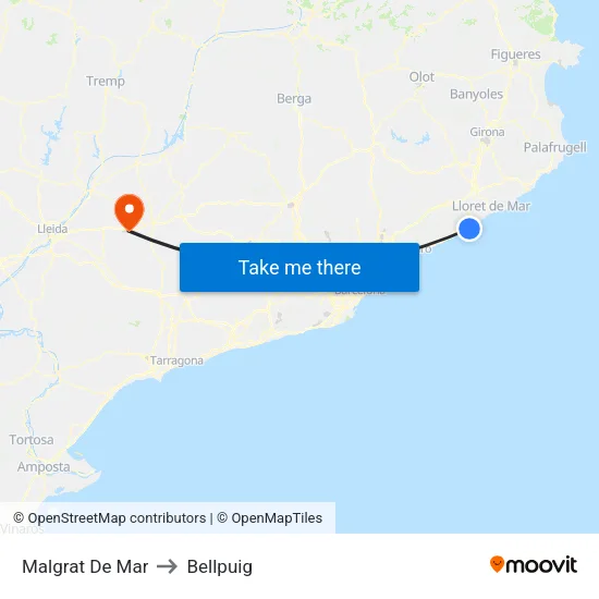 Malgrat De Mar to Bellpuig map