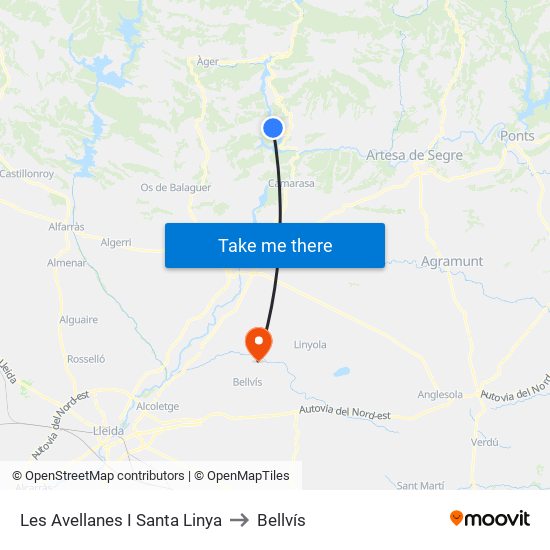 Les Avellanes I Santa Linya to Bellvís map