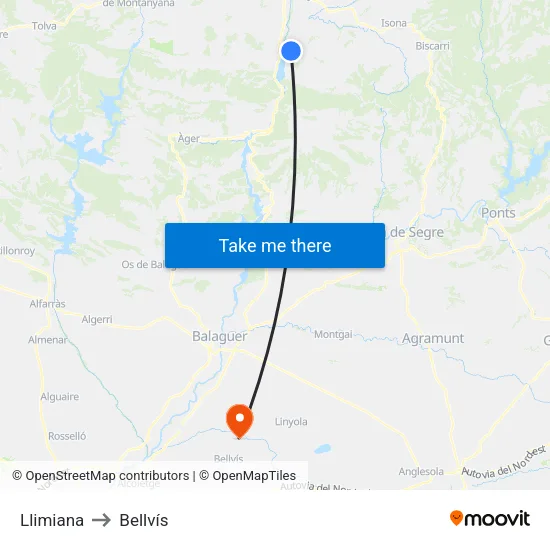 Llimiana to Bellvís map