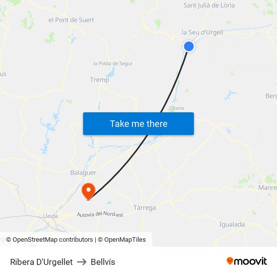 Ribera D'Urgellet to Bellvís map