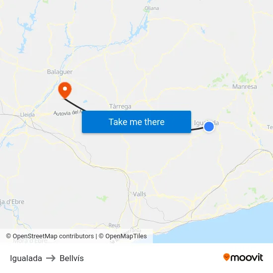 Igualada to Bellvís map