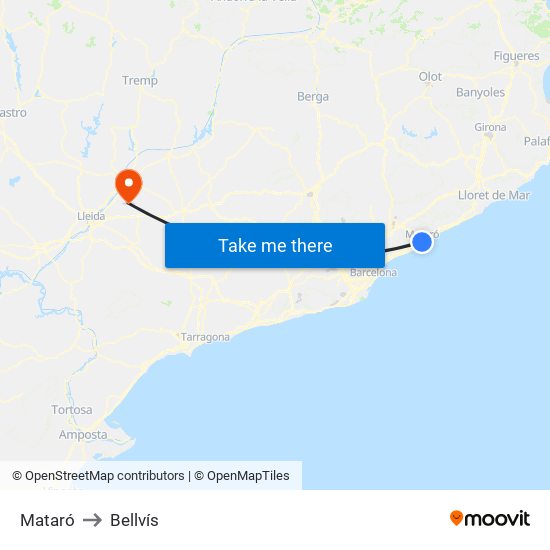 Mataró to Bellvís map