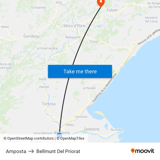 Amposta to Bellmunt Del Priorat map