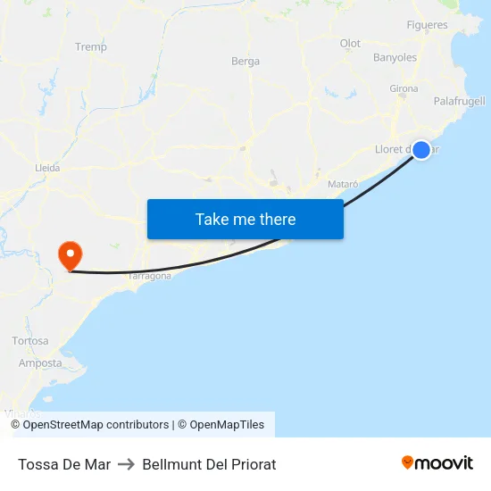 Tossa De Mar to Bellmunt Del Priorat map
