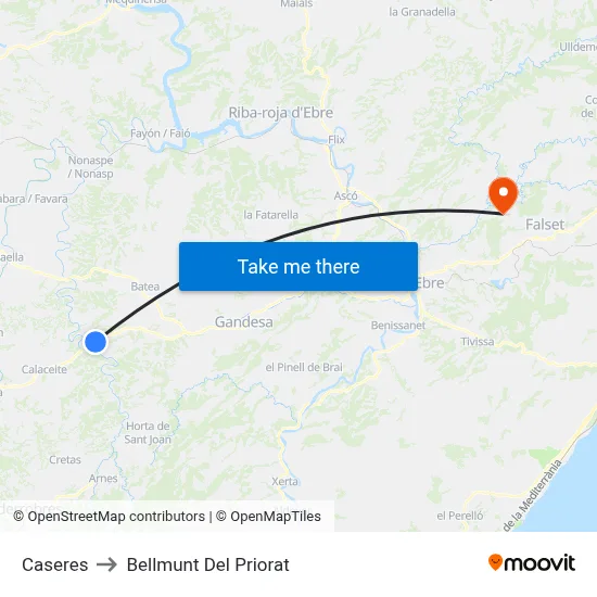 Caseres to Bellmunt Del Priorat map