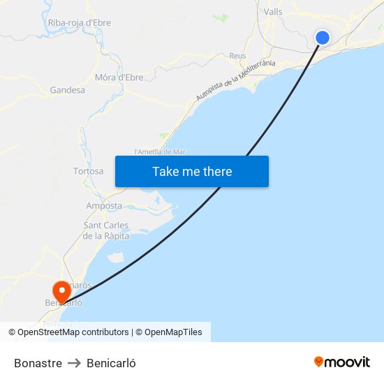 Bonastre to Benicarló map