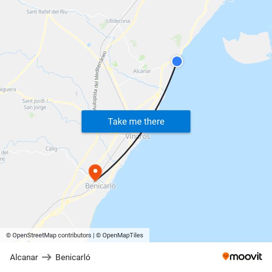 Alcanar to Benicarló map