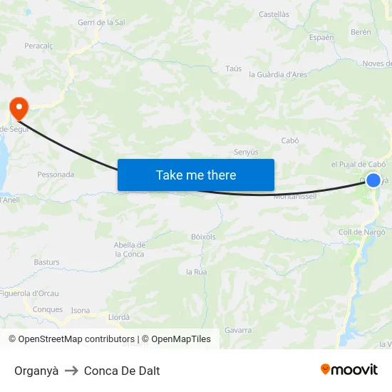 Organyà to Conca De Dalt map