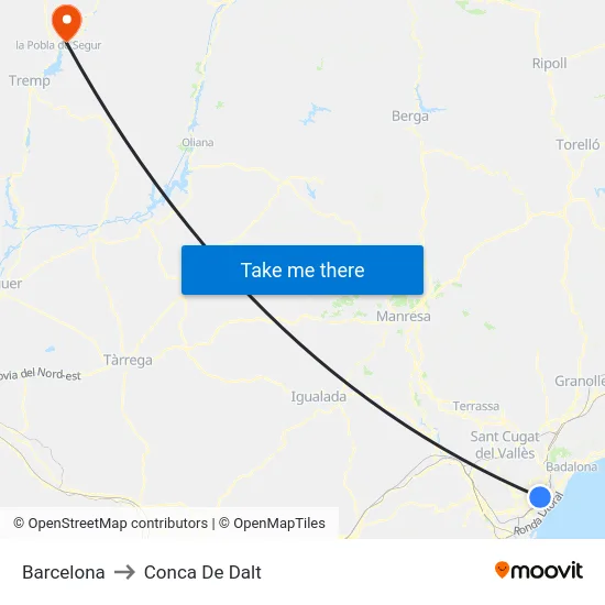 Barcelona to Conca De Dalt map
