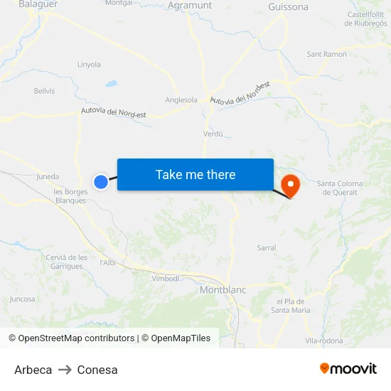 Arbeca to Conesa map