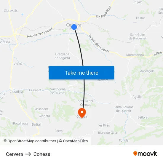 Cervera to Conesa map
