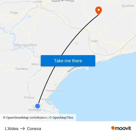 L'Aldea to Conesa map