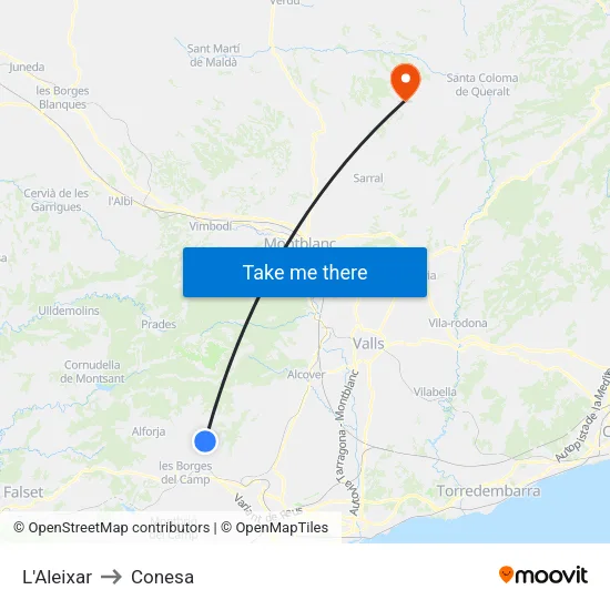 L'Aleixar to Conesa map