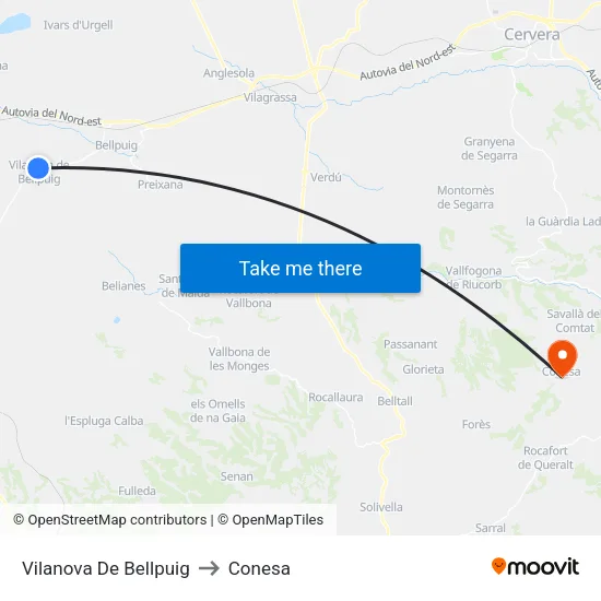 Vilanova De Bellpuig to Conesa map