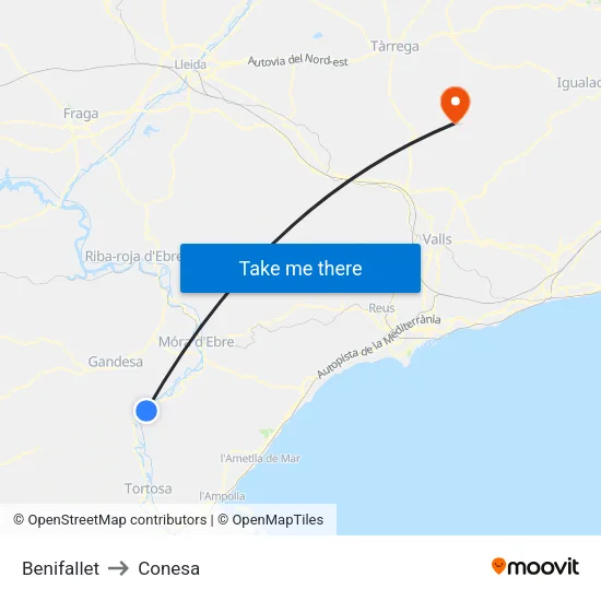 Benifallet to Conesa map