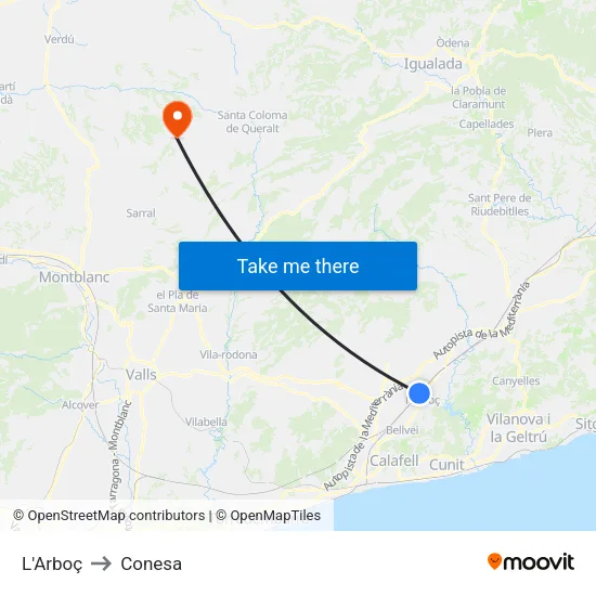 L'Arboç to Conesa map