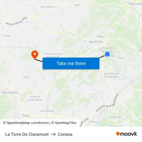 La Torre De Claramunt to Conesa map