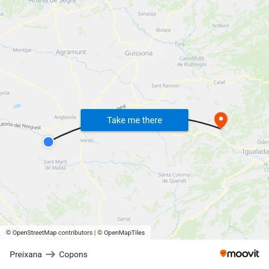 Preixana to Copons map