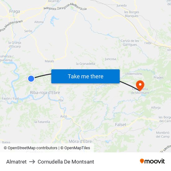 Almatret to Cornudella De Montsant map