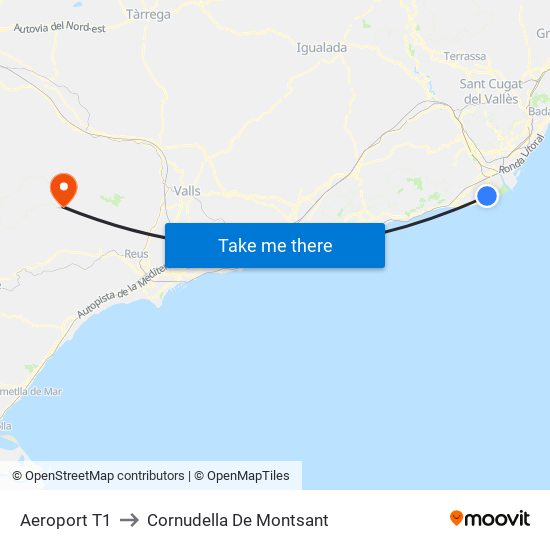 Aeroport T1 to Cornudella De Montsant map