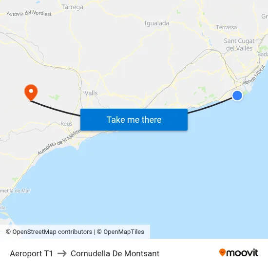 Aeroport T1 to Cornudella De Montsant map