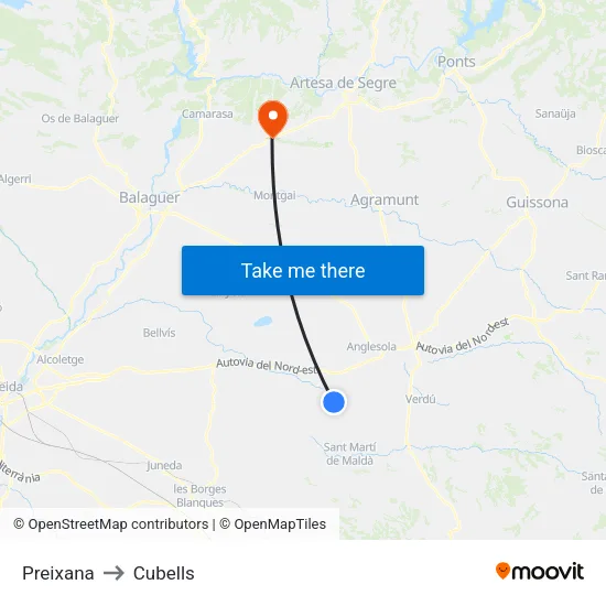 Preixana to Cubells map