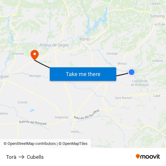 Torà to Cubells map