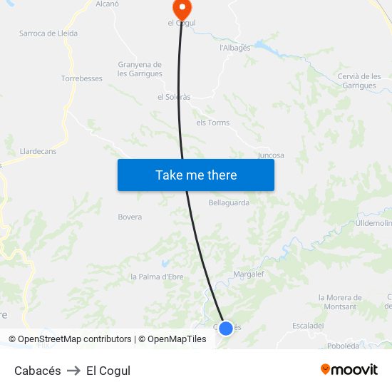 Cabacés to El Cogul map