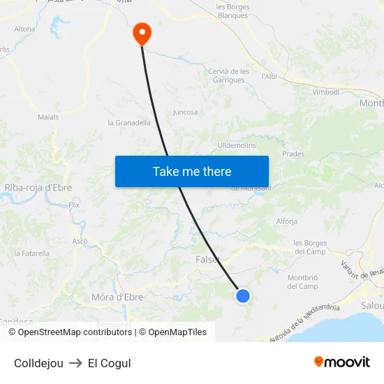 Colldejou to El Cogul map