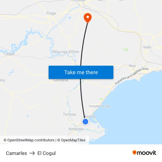 Camarles to El Cogul map