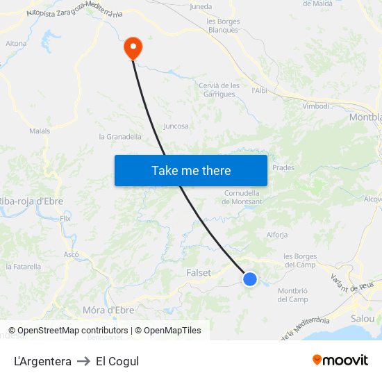 L'Argentera to El Cogul map