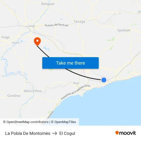 La Pobla De Montornès to El Cogul map