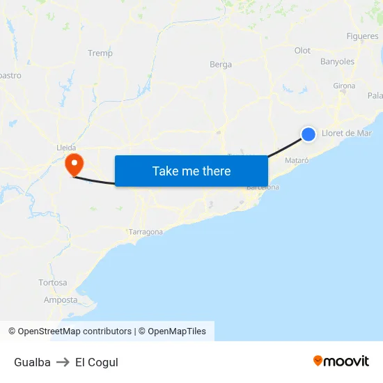Gualba to El Cogul map