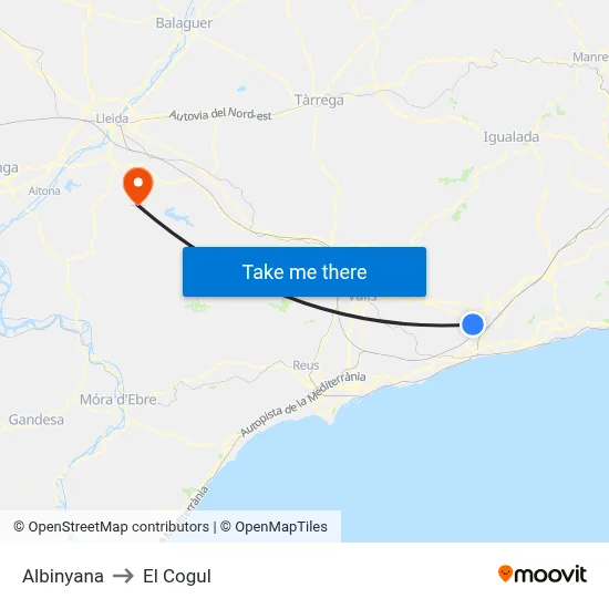 Albinyana to El Cogul map