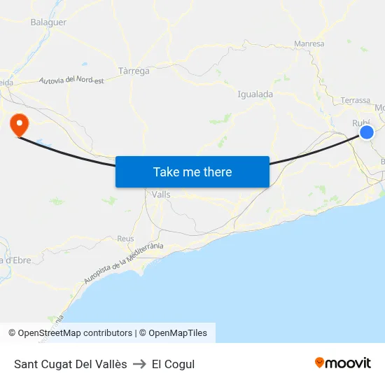 Sant Cugat Del Vallès to El Cogul map
