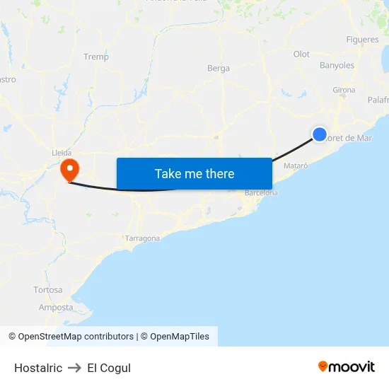 Hostalric to El Cogul map