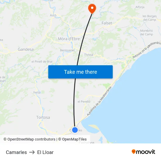 Camarles to El Lloar map